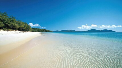 Obraz premium Clear water ripples gently on a pristine sandy beach under a bright blue sky.