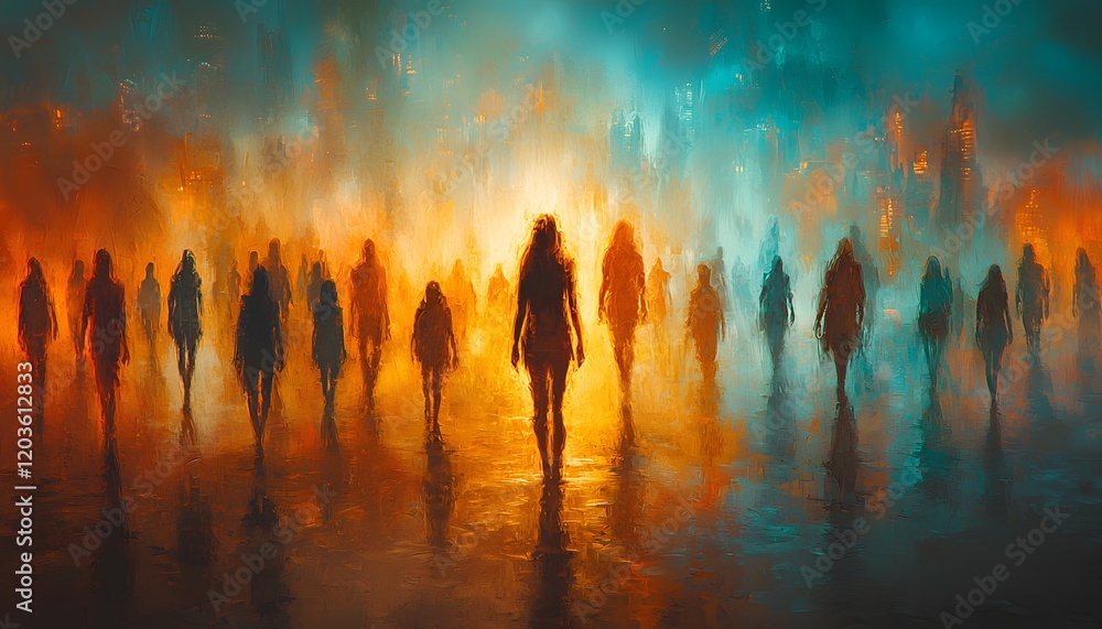 Poster mysterious silhouettes in a dreamlike urban landscape with soft colors and mysterious atmosphere con