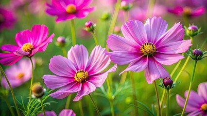 Stunning Macro Photography of Pink Cosmos Flowers in a Vibrant Field, Capturing Nature's Beauty and Delicate Petals in Full Bloom for Floral and Garden Enthusiasts