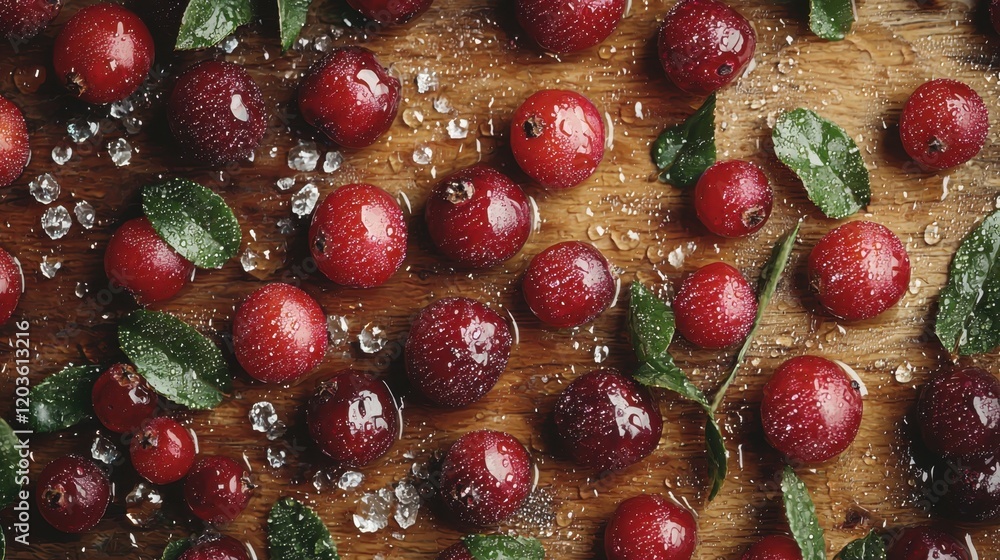 Poster a close up of a bunch of red berries with some ice on them