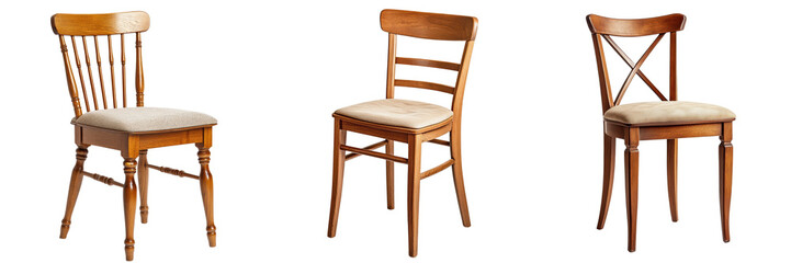 A Set of Classic Wooden Chair with Cushioned Seat, Stylish and Comfortable Isolated on Transparent Background