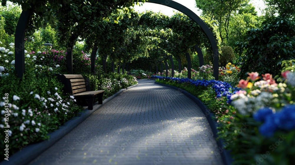 Poster a walkway with a bench and a path of bricks