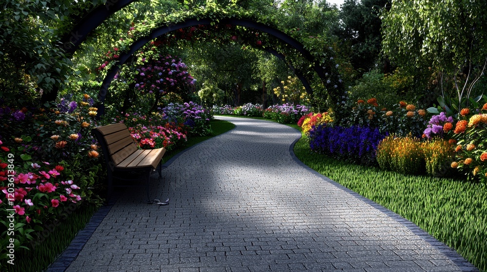 Aufkleber a path with a bench and a large archway of flowers