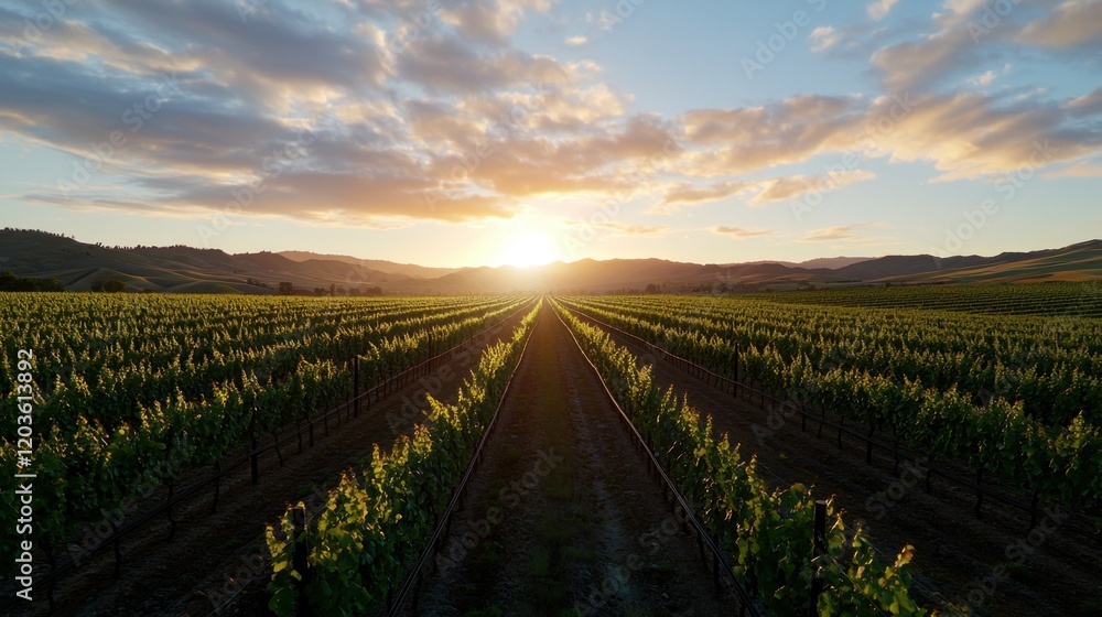 Poster a field of grape vines with a sun setting in the background