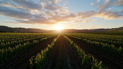 Fototapeta premium A field of grape vines with a sun setting in the background