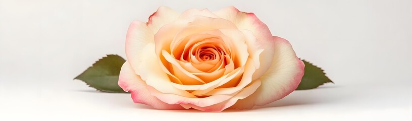 A beautiful peach-colored rose with soft pink edges on a white background.