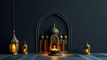 Obraz premium A classic oil painting of a 3D Islamic Ramadan souvenir wallpaper in intense jet black, featuring deep shadows, rich textures, and visible brushstrokes