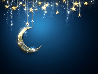 Golden Crescent Moon with Hanging Glittering Stars