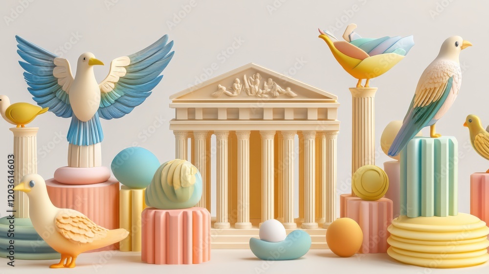 Poster colorful 3d decorative display featuring birds, eggs, and classical architecture in a serene setting