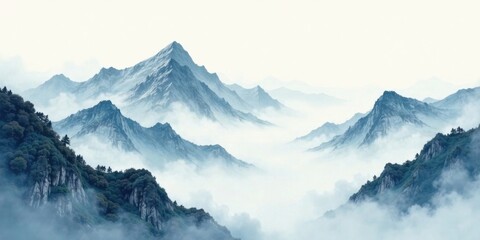 Fototapeta premium Serene Misty Mountain Peaks Enveloped in a Veil of Clouds, a Breathtaking Panorama of Nature's Majesty