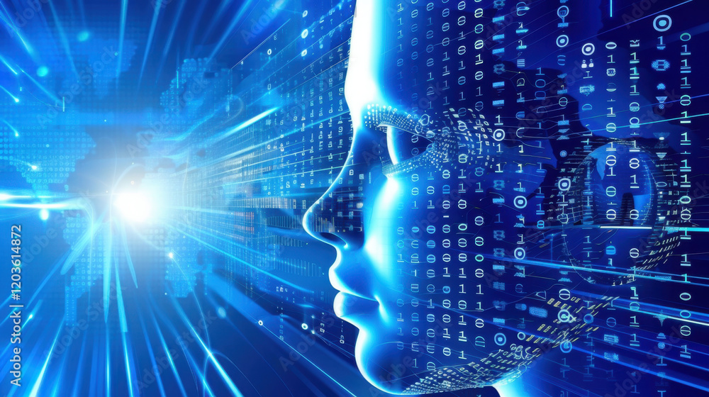 Poster digital face with binary code and glowing lines, representing technology and artificial intelligence