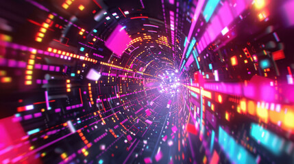 Obraz premium vibrant digital tunnel with colorful lights and patterns, creating sense of motion and depth. bright hues of pink, blue, and orange enhance futuristic feel
