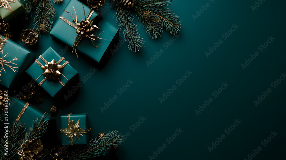 Fototapete christmas and new year background with a green color scheme, space for text