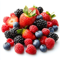 Delicious pile of assorted berries including strawberries, blackberries, raspberries, and blueberries on a light background