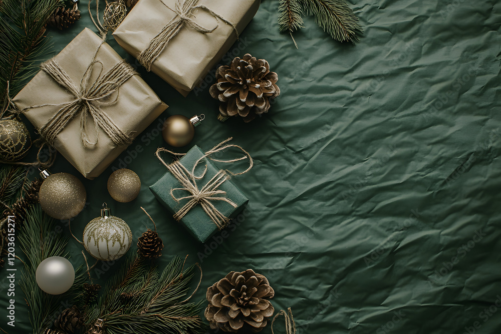 Fototapete Christmas and New Year background with a green color scheme, space for text