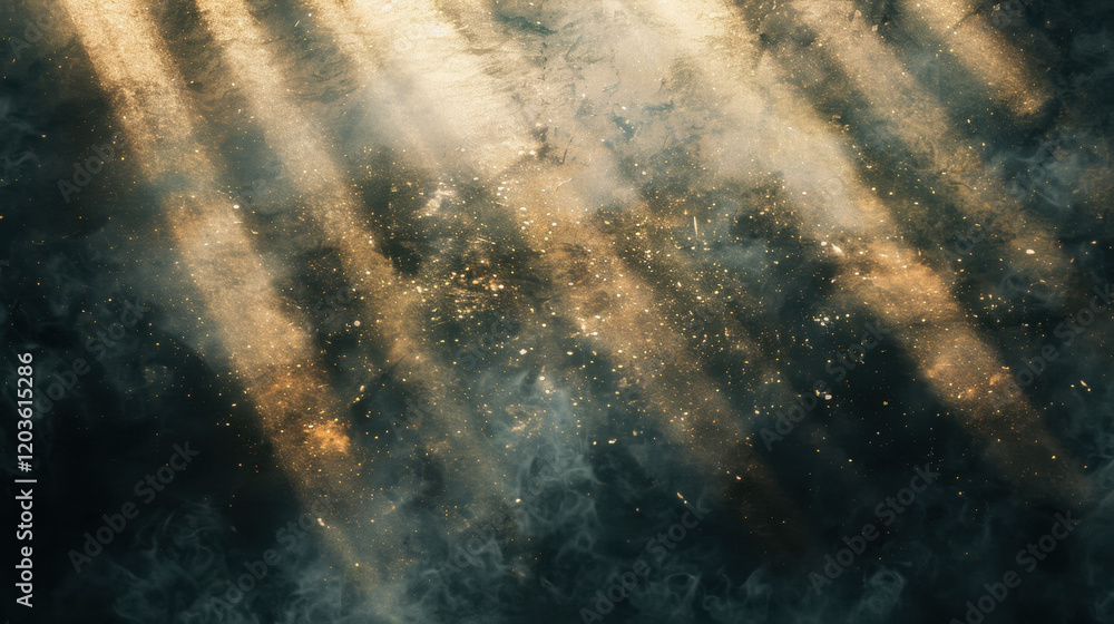 Poster golden rays of light shining through mist, creating magical atmosphere