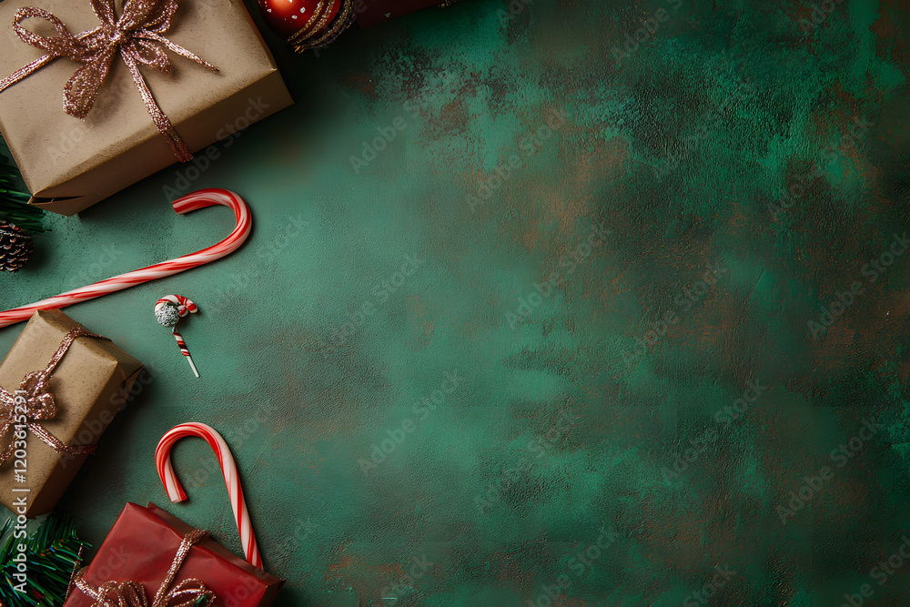 Fototapete Christmas and New Year background with a green color scheme, space for text