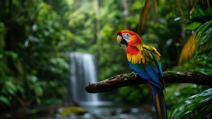 Fototapeta premium A colorful parrot is perched on a branch near a waterfall
