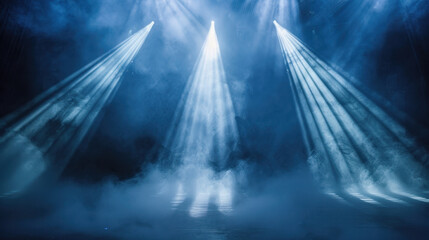 Fototapeta premium Bright stage lights illuminate foggy scene, creating dramatic atmosphere. beams of light cut through mist, enhancing visual impact of performance
