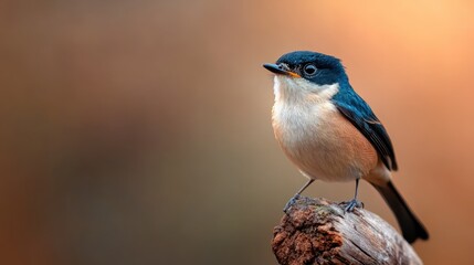 Fototapeta premium A charming bird is standing elegantly on a piece of wood, with a softly blurred background that emphasizes its vibrant feathers and the tranquility of the scene.