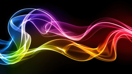Naklejka premium Colorful abstract waves of light create vibrant and dynamic visual effect, blending hues of purple, blue, green, yellow, orange, and red against dark background