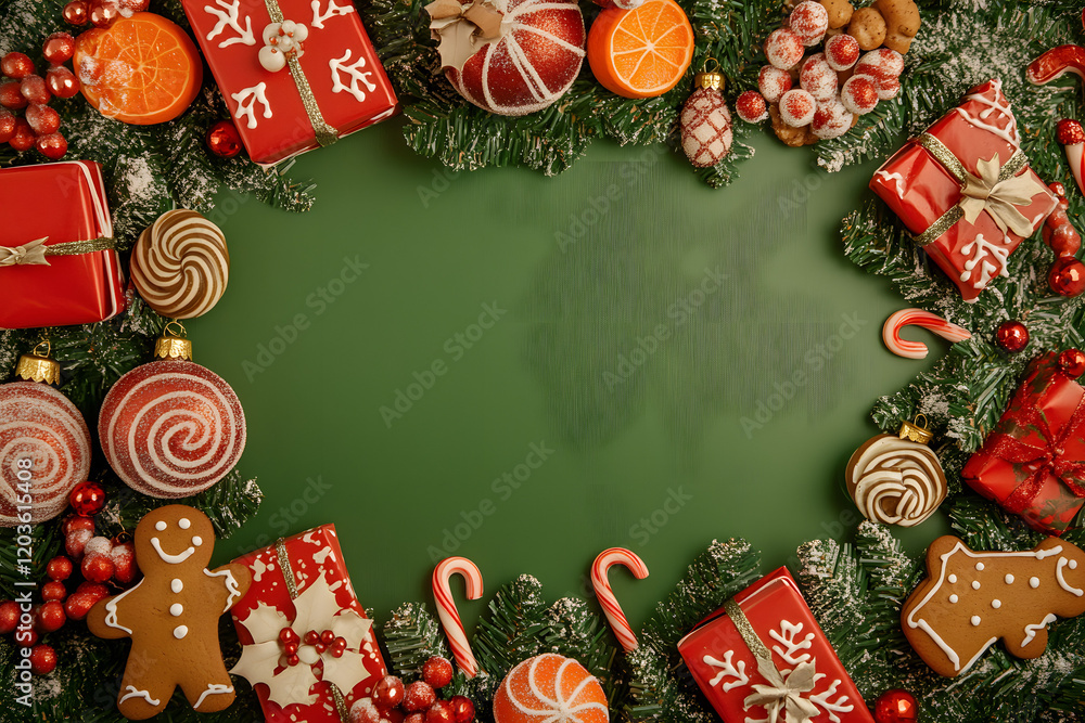 Fototapete christmas and new year background with a green color scheme, space for text