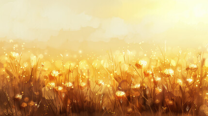 serene landscape featuring golden flowers in sunlit field, creating warm and tranquil atmosphere. soft glow enhances beauty of nature