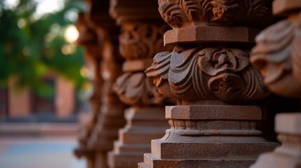 Fototapeta premium Detailed View of Architectural Pillars with Ornate Carvings in a Row at Sunset