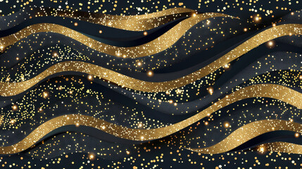shimmering abstract background featuring wavy gold lines and sparkling dots on dark backdrop, creating festive and elegant atmosphere