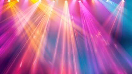 Obraz premium Vibrant stage lights create colorful atmosphere with beams of pink, yellow, and blue illuminating scene, perfect for concerts or events