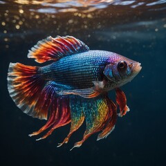Fototapeta premium A Betta fish with a vivid rainbow pattern swimming under soft light, creating reflective sparkles.