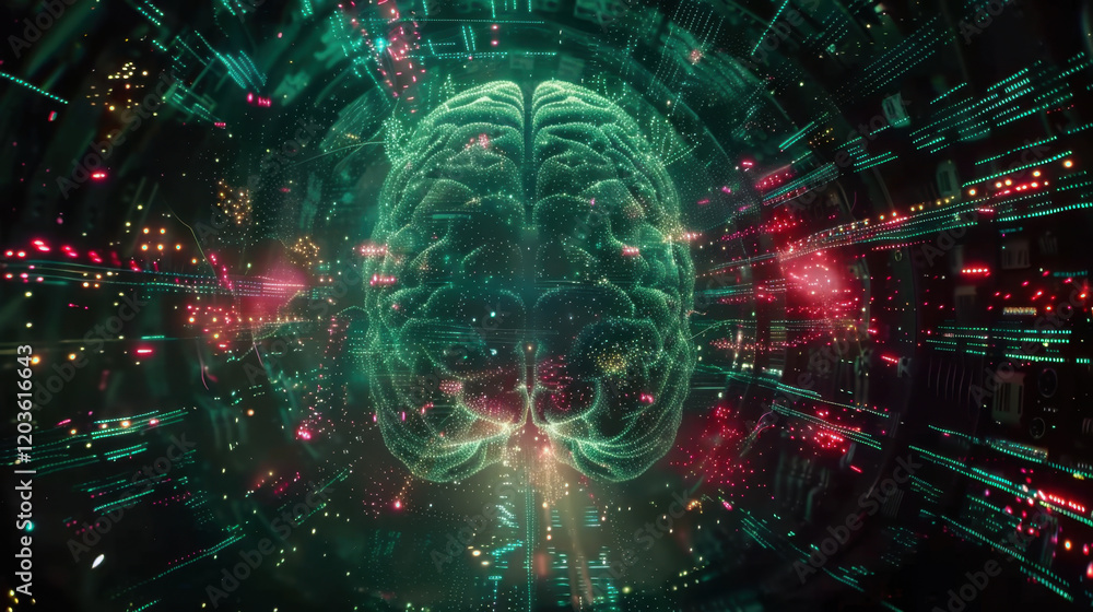 Poster digital representation of brain surrounded by vibrant data streams, symbolizing technology and intel