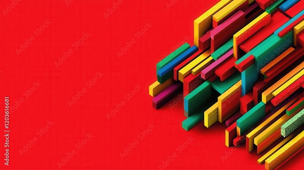 Poster abstract colorful geometric shapes arranged dynamically on a vibrant red background