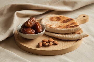 Dates Almonds and Flatbread Arranged on Wooden Board