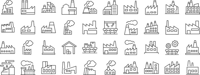Set of Factory Related Line Icons. Outline Signs for Graphic and Web Design, Apps, Adverts, Various Cards
