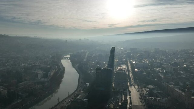 Tbilisi, Georgia - January 13 2025: Flying over Shota Rustaveli avenue in the center of city