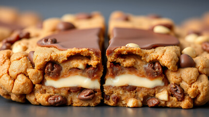Decadent Chocolate Chip Cookie Bars with Gooey Caramel and Cream Filling