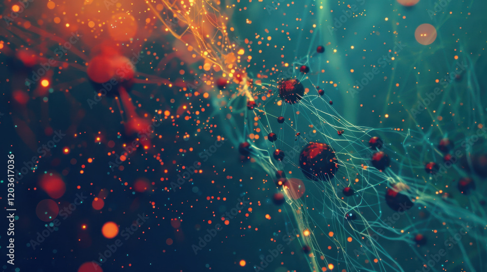 Poster abstract digital art depicting colorful particles and connections