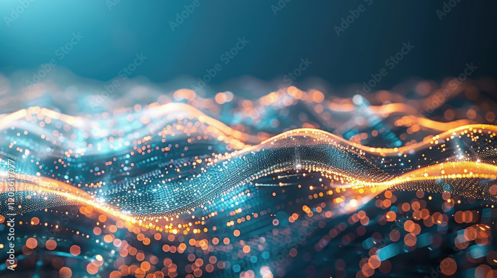 Poster Abstract digital waves with glowing particles creating mesmerizing visual effect. vibrant colors and flowing patterns evoke sense of movement and energy