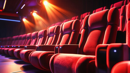 Red textile seats at movie theatres and cinemas are being struck by stage lights.