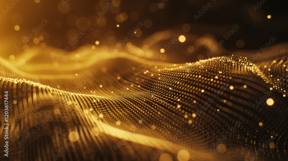 Poster abstract golden wave pattern with glowing particles creating dynamic visual effect, evoking sense of