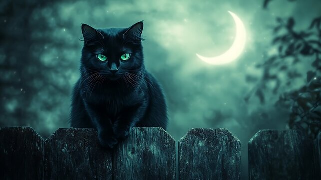 A black cat with glowing green eyes sitting on a fence under a crescent moon 