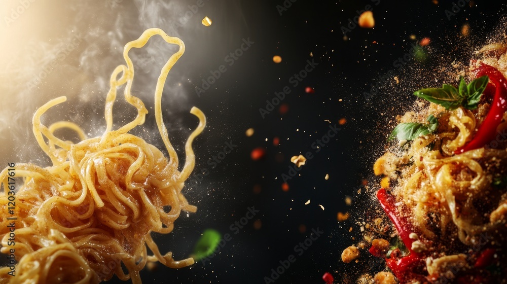 Poster visually engaging composition of flying noodles in motion