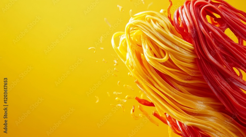 Poster bright and visually captivating scene of colorful noodles in motion