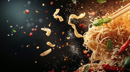 Flying Noodles with Spices and Herbs Creating a Vibrant Burst