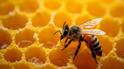 A bee on a honeycomb.
