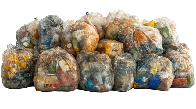 Transparent Garbage Bags Filled with Waste, Isolated on White Background for Environmental Projects