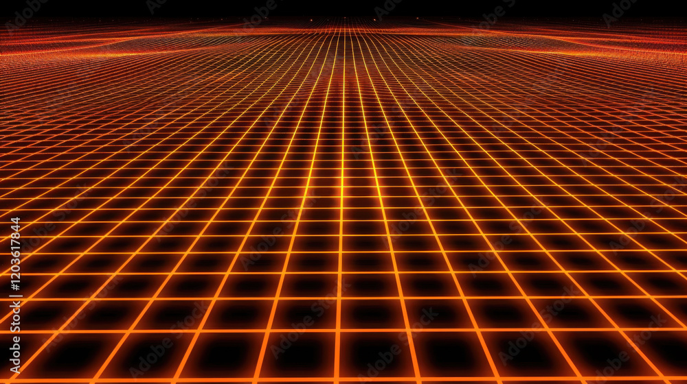 Poster vibrant grid pattern with glowing orange lines on dark background, creating futuristic and digital a