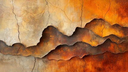 Fototapeta premium A painting of mountains with a lot of texture and a lot of orange