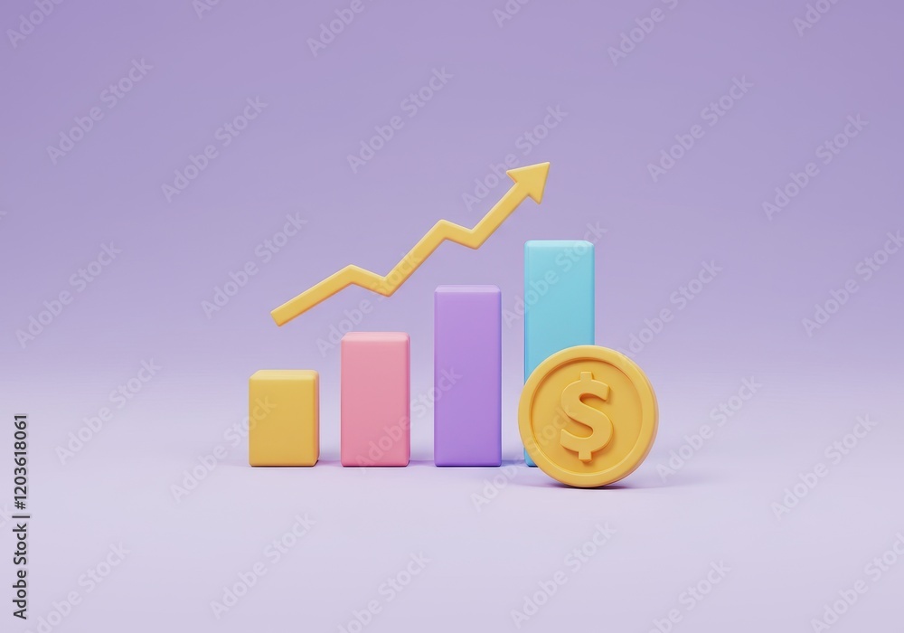 Poster a 3d illustration of a bar chart with three colorful bars increasing in height with a gold coin